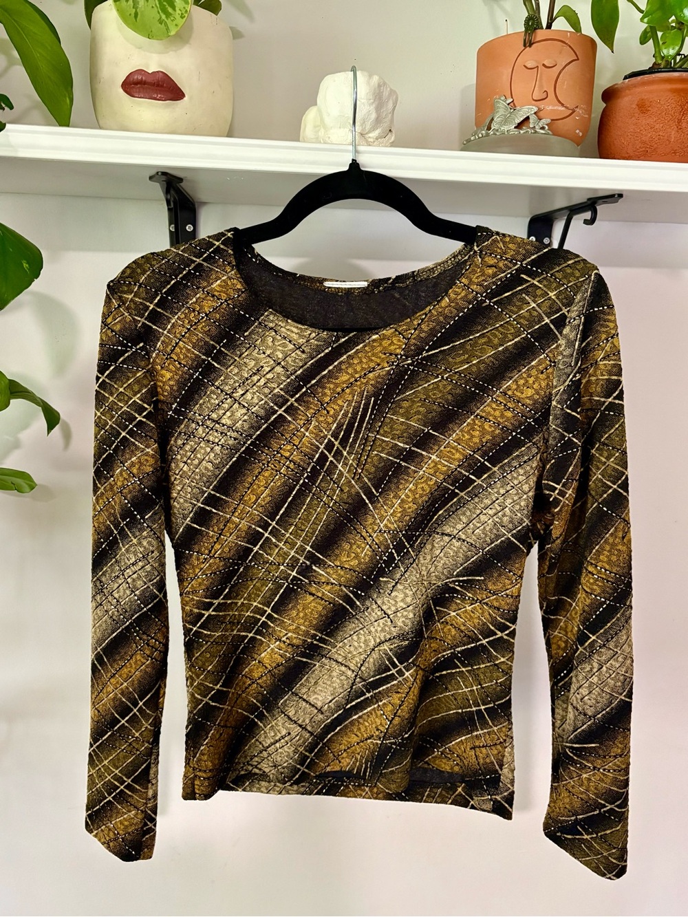 Womens Metallic Black & Gold Long-Sleeve Top